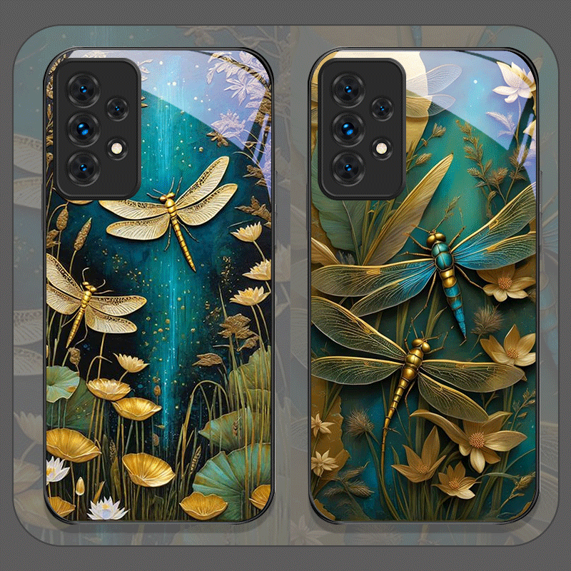 Samsung Galaxy A55 - Flower Golden Dragonfly Tempered Glass Phone